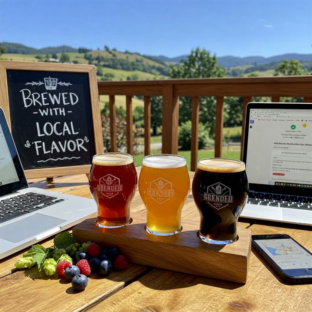 Craft beer flight on outdoor table with laptops and chalkboard reading 'Brewed with Local Flavor,' symbolizing local business marketing and authentic community branding