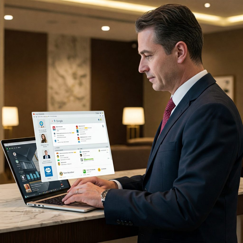 Business professional in a suit analyzing digital dashboards on a laptop, symbolizing data-driven decision-making and digital marketing strategy optimization.