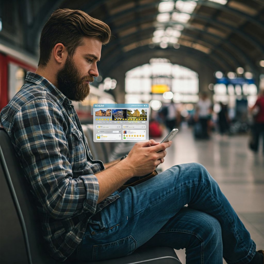 Traveler reading reviews to choose a hotel—key to improve your TripAdvisor ranking.