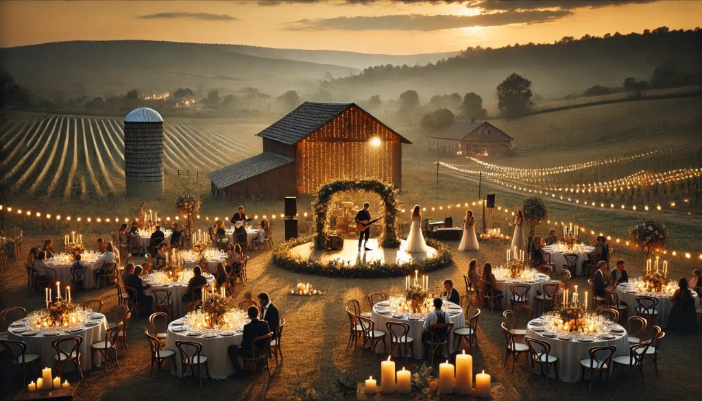 Beautiful outdoor wedding venue with candlelit tables, string lights, and a rustic barn, showcasing the impact of marketing services for event venues.