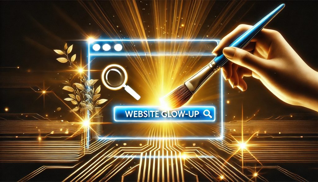 A futuristic digital illustration of a website glow-up, featuring a glowing paintbrush transforming a website interface for enhanced On-Page SEO
