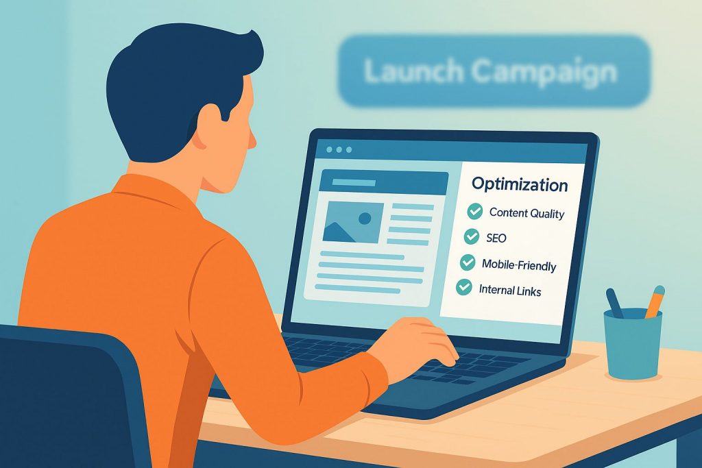Illustration of a marketer reviewing website optimization checklist on a laptop, focusing on content quality, SEO, mobile-friendly design, and internal links before launching a digital campaign.