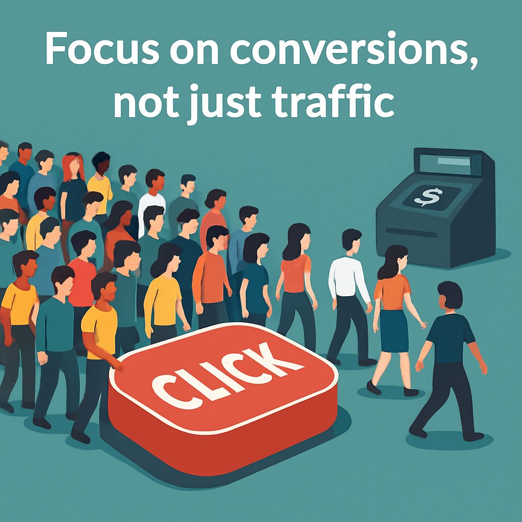 Illustration of a crowd clicking a red button toward a dollar sign box with text 'Focus on conversions, not just traffic,' highlighting KeyBuzz Digital’s approach to turning clicks into customers.