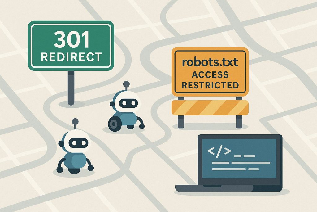 An illustrated metaphor of a digital city map with one street sign labeled '301 Redirect' rerouting traffic, and another area cordoned off with a 'robots.txt access restricted' gate. Include icons of search bots navigating paths and a laptop screen with HTML code visible. Clean, modern, flat design style suitable for a technical SEO blog.