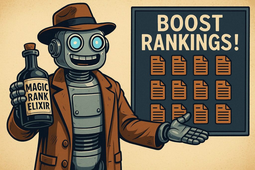 A vintage-style digital illustration highlighting the concept of rapid content creation. A robot, styled as an old-fashioned snake oil salesman, stands in front of a sign labeled “BOOST RANKINGS!” filled with identical page icons to represent bulk content creation. The robot, wearing a brown trench coat and fedora, grins while holding a bottle labeled “MAGIC RANK ELIXIR,” symbolizing quick-fix SEO promises.