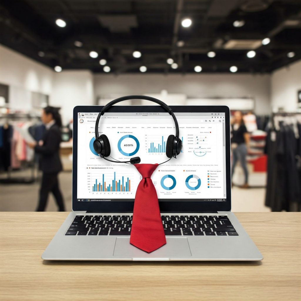 A laptop wearing a tie or headset, standing in a retail environment with charts showing bookings or conversions—personifying the website as a sales rep.