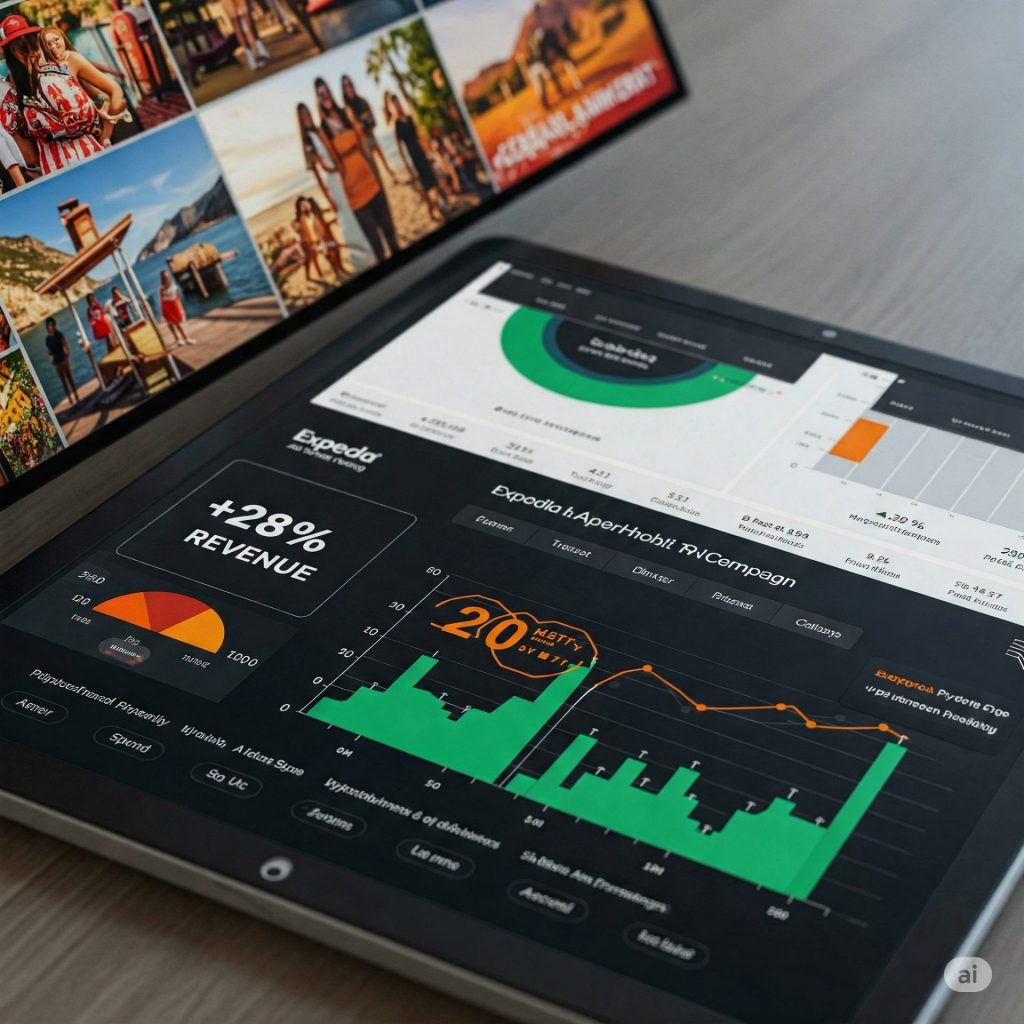 Expedia TravelAds campaign performance dashboard on a tablet, highlighting +28% revenue growth with charts and analytics for digital marketing success.