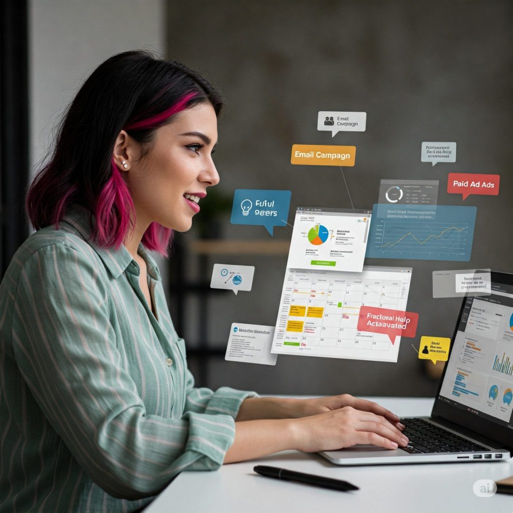 Small business owner managing seasonal marketing with digital tools and a fractional support dashboard on a laptop screen.