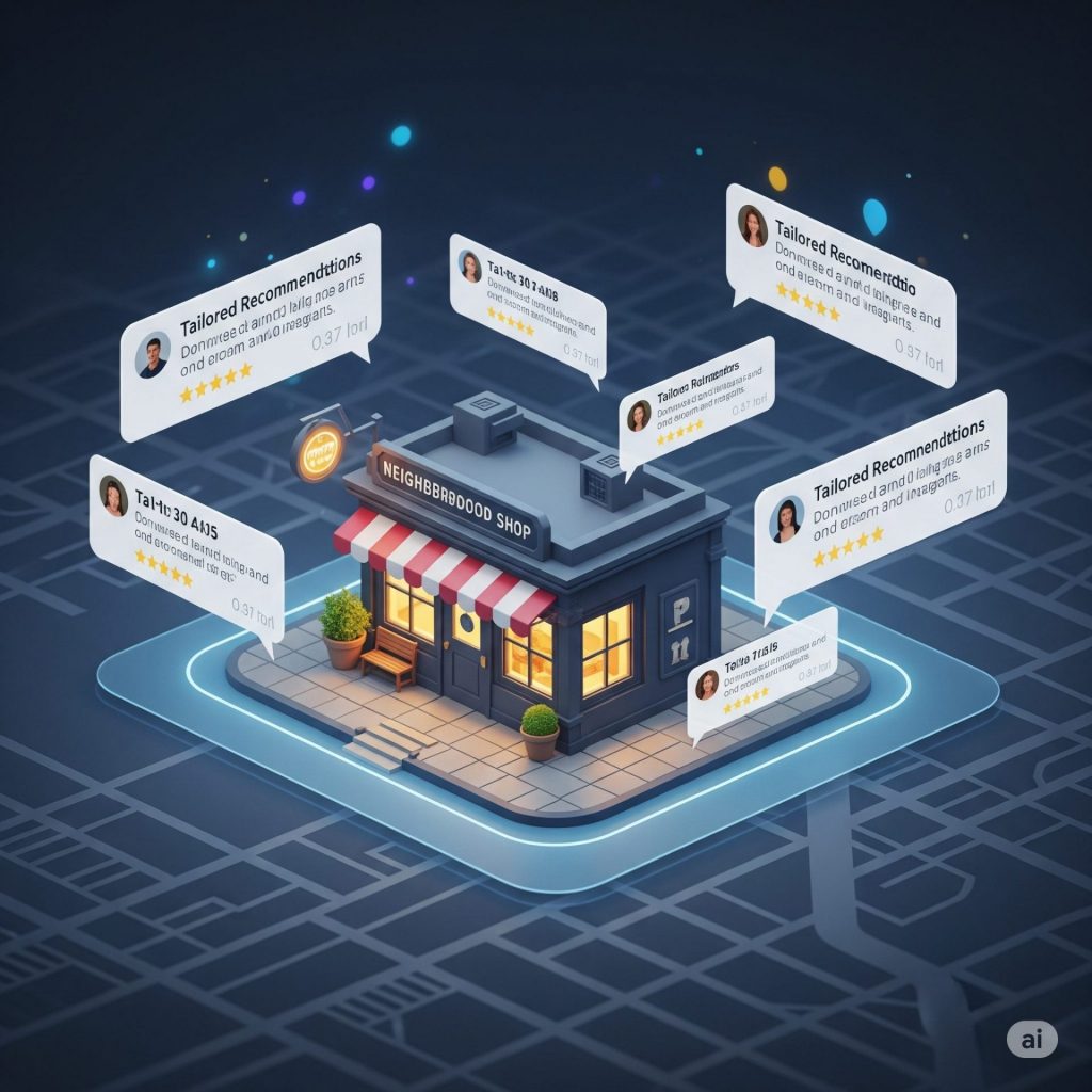 A friendly neighborhood shop glowing on a digital map, surrounded by AI chat bubbles with recommendations, symbolizing how Generative Engine Optimization (GEO) drives business discovery in AI search results.