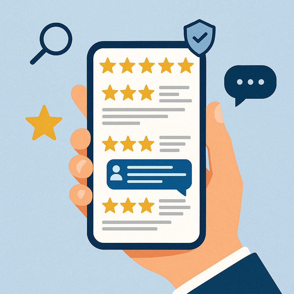 Phone screen showing five star reviews and thoughtful owner responses highlighting a strong review response strategy   keybuzz digital marketing services
