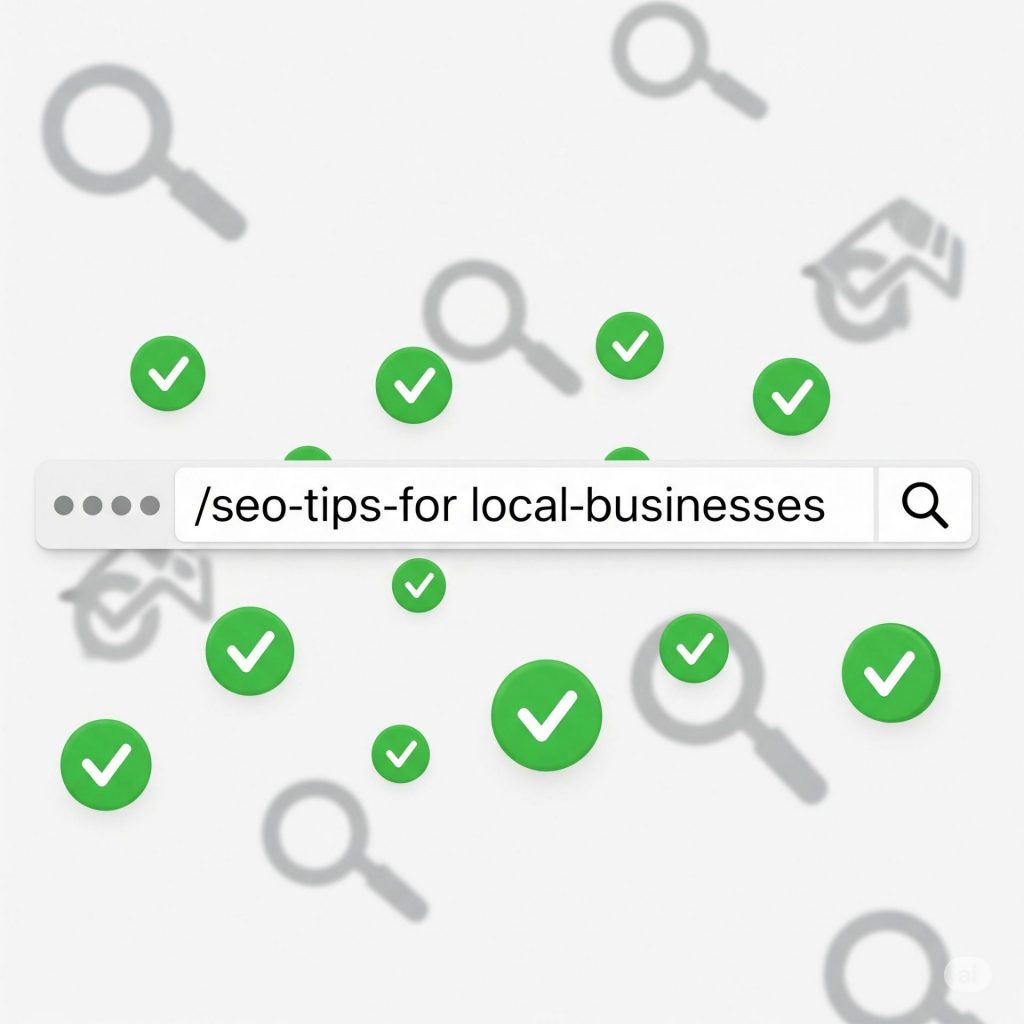 KeyBuzz Digital graphic of a search bar with the URL /seo-tips-for-local-businesses, surrounded by green checkmarks and magnifying glass icons, symbolizing correct SEO practices