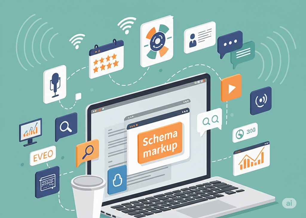 "Illustration of schema markup for SEO on a laptop screen, showing icons for search, reviews, analytics, and digital marketing elements — KeyBuzz Digital Marketing.