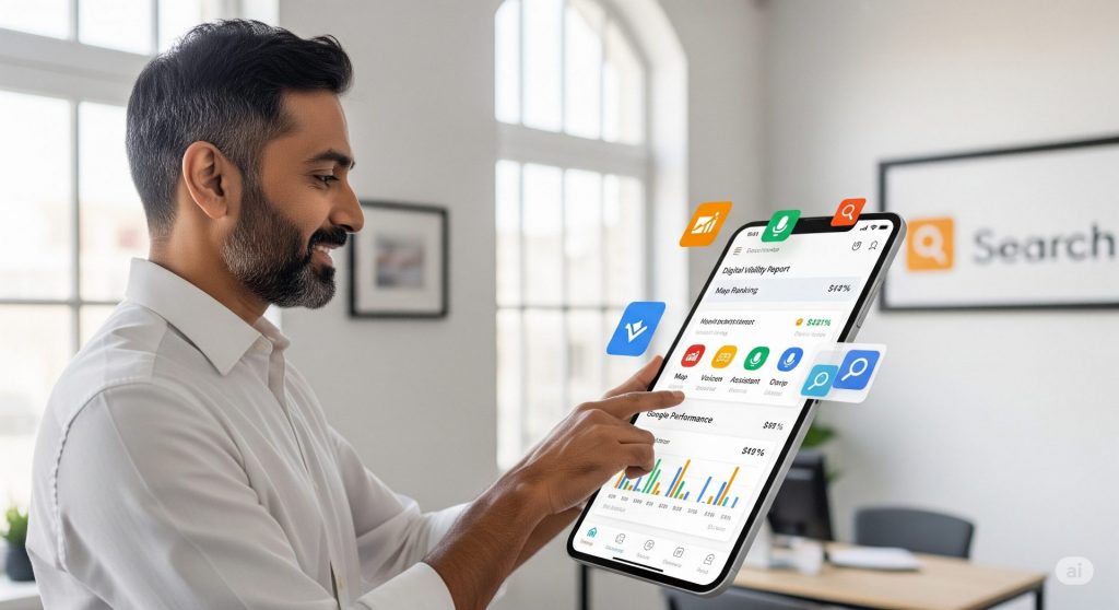 Small business owner reviewing digital SEO visibility stats like map rankings and search results, showing improved online presence and local reach.