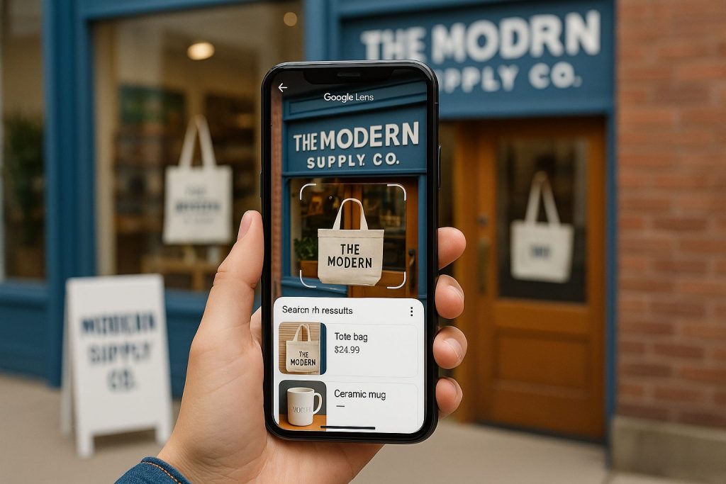 Customer using Google Lens outside a retail store to search products online, showing how visual search connects in-store branding with digital visibility — KeyBuzz Digital helps small businesses optimize images and local SEO to capture customers wherever they search.