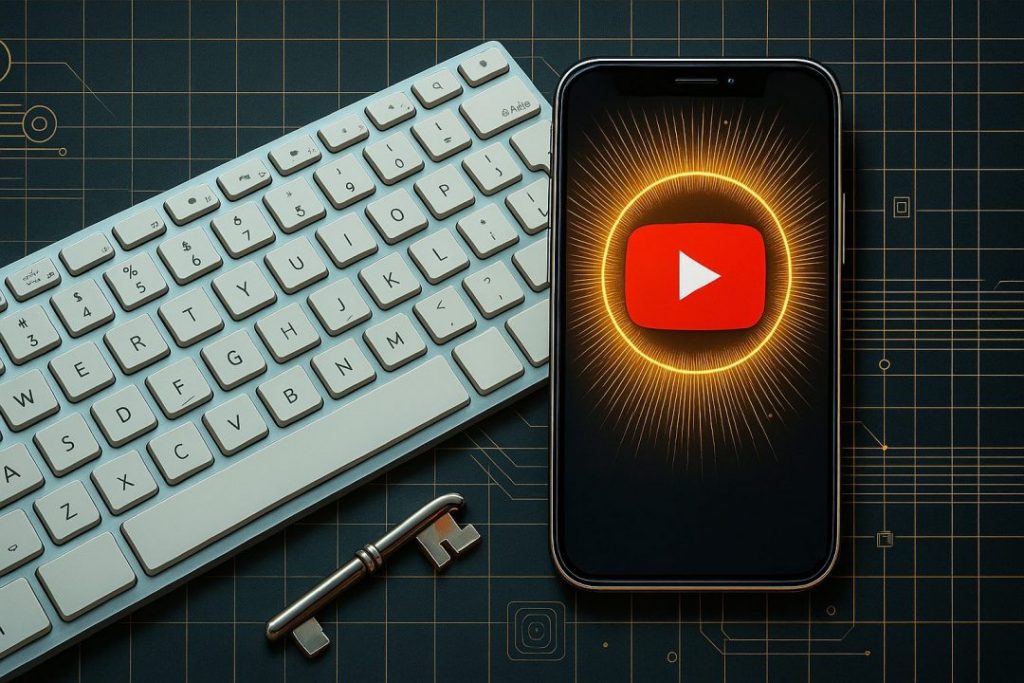 A digital illustration featuring a modern keyboard and smartphone on a circuit-themed surface. The phone displays a glowing red YouTube logo at the center, surrounded by radiant golden lines, symbolizing video optimization and visibility. A metallic key lies beside the keyboard, representing strategic access and digital marketing unlocks.
