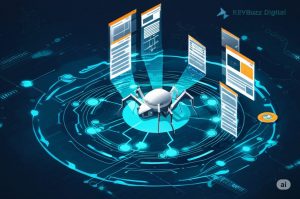 A detailed, realistic digital illustration conveying a futuristic technological theme, suitable for explaining the "ABCs of SEO" as part of KeyBuzz Digital marketing services. A sleek, metallic web crawler with glowing blue accents navigates a complex web of interconnected digital pathways, representing website links and structure. Holographic website page previews, abstract data streams, and stylized icons symbolizing site architecture and indexing float in a deep blue, teal, and purple digital space with bright cyan highlights. The overall design emphasizes the intricate process of website crawling and indexing, central to SEO, and subtly incorporates "KeyBuzz Digital" branding, reinforcing their expertise in digital marketing