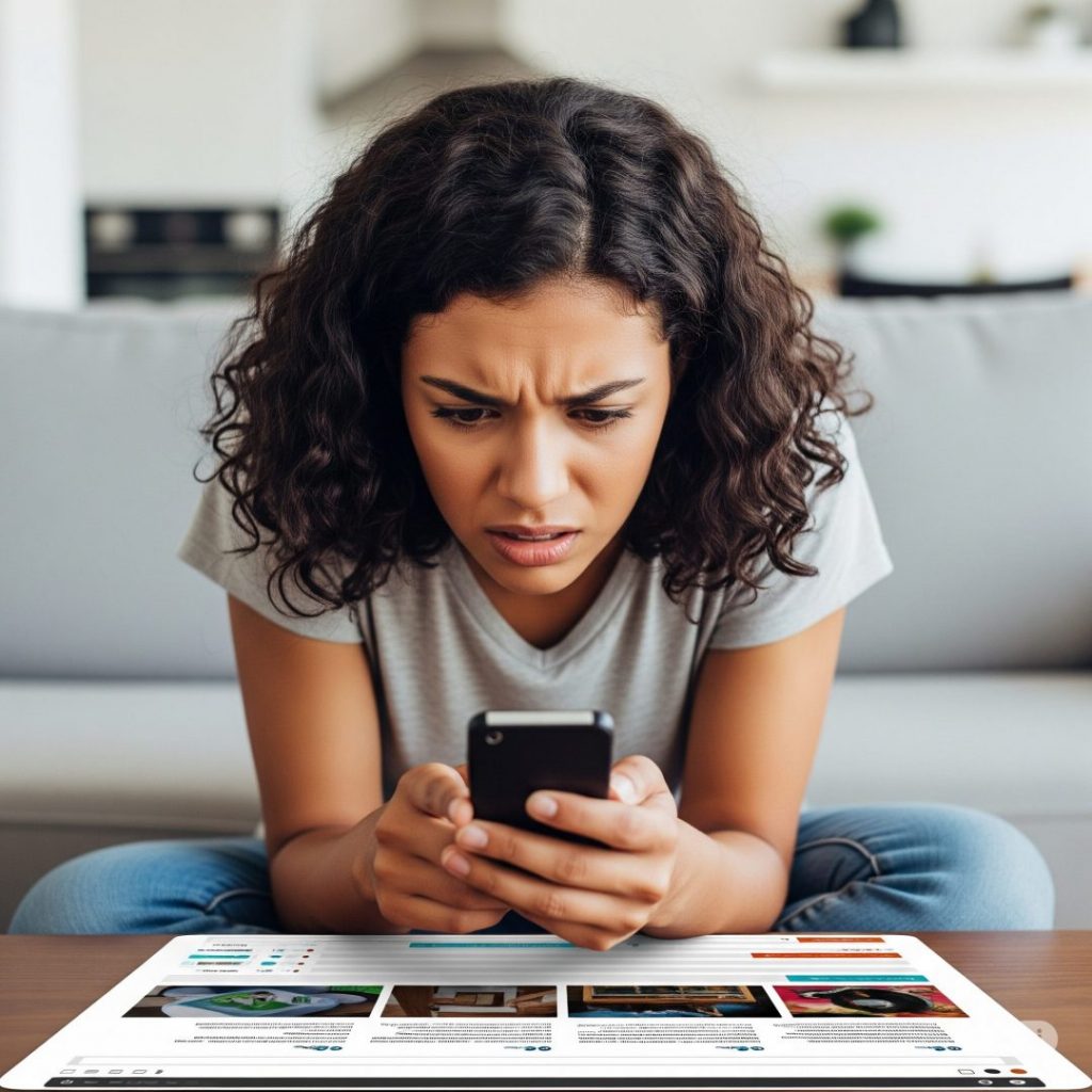 A young woman with curly hair sits on the floor, looking frustrated and confused while staring intensely at her smartphone, representing a customer playing online hide-and-seek with a business.