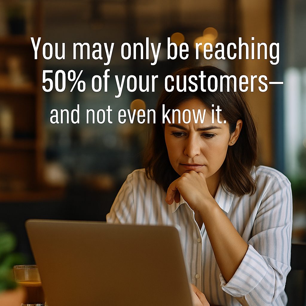 A small business owner sits in a café, looking concerned while working on a laptop. Overlaid text reads: “You may only be reaching 50% of your customers—and not even know it.”