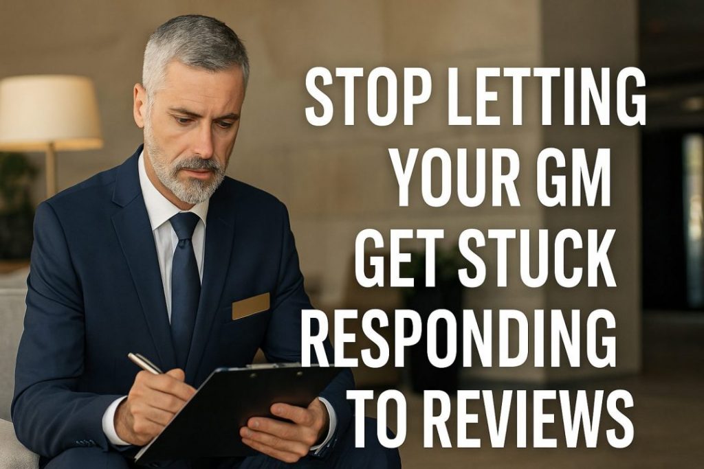 Hotel-review-response-strategy-gm A serious looking hotel general manager in a suit takes notes on a clipboard while seated in a modern hotel lobby accompanied by bold text that reads stop letting your gm get stuck responding to reviews keybuzz digital marketing services