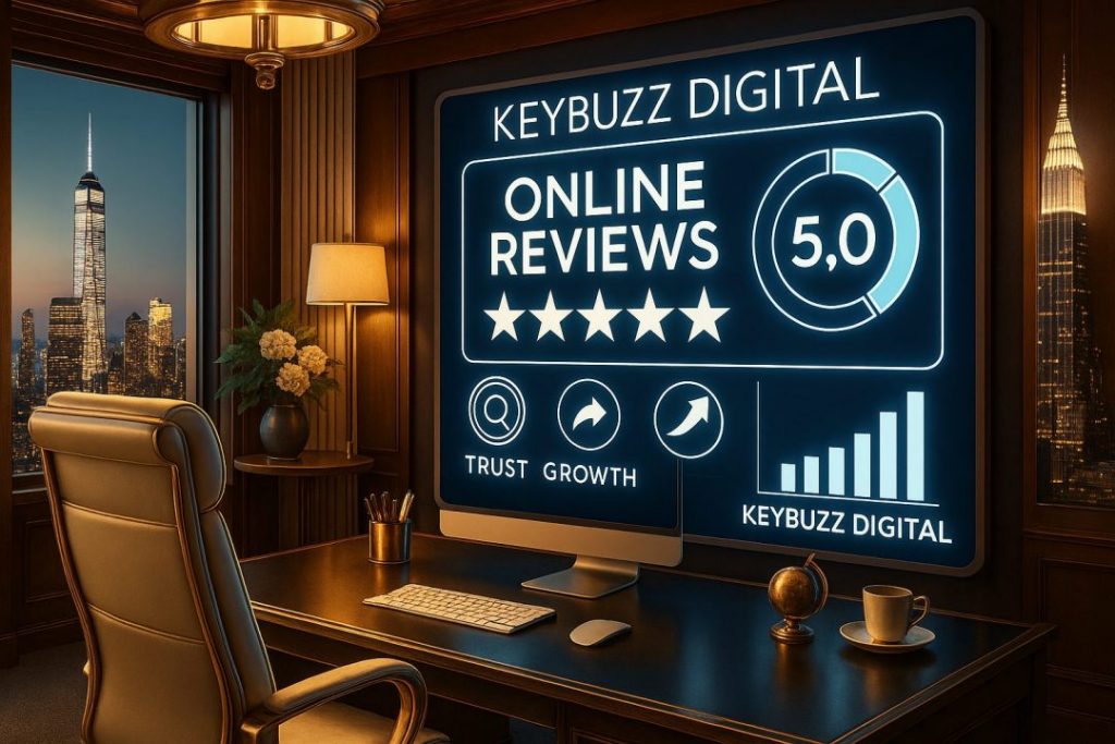 Luxurious office with digital dashboard showing 5 star online reviews charts and growth metrics symbolizing trust visibility and business success   keybuzz digital marketing services