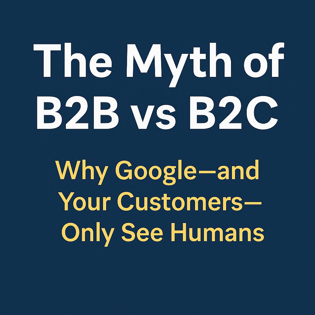 Human-to-human marketing concept graphic debunking the myth of B2B vs B2C for digital strategy and SEO