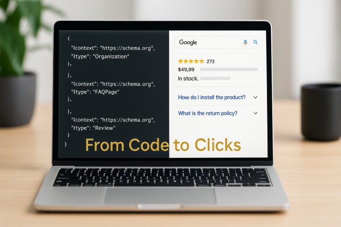 Laptop on a bright desk displaying schema markup code and google search results with stars and faqs illustrating keybuzz digitals schema markup service and the concept of turning structured data into visibility and clicks   keybuzz digital marketing services