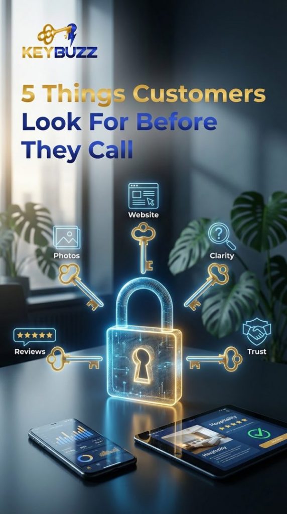 Five keys representing what customers check before calling a business.