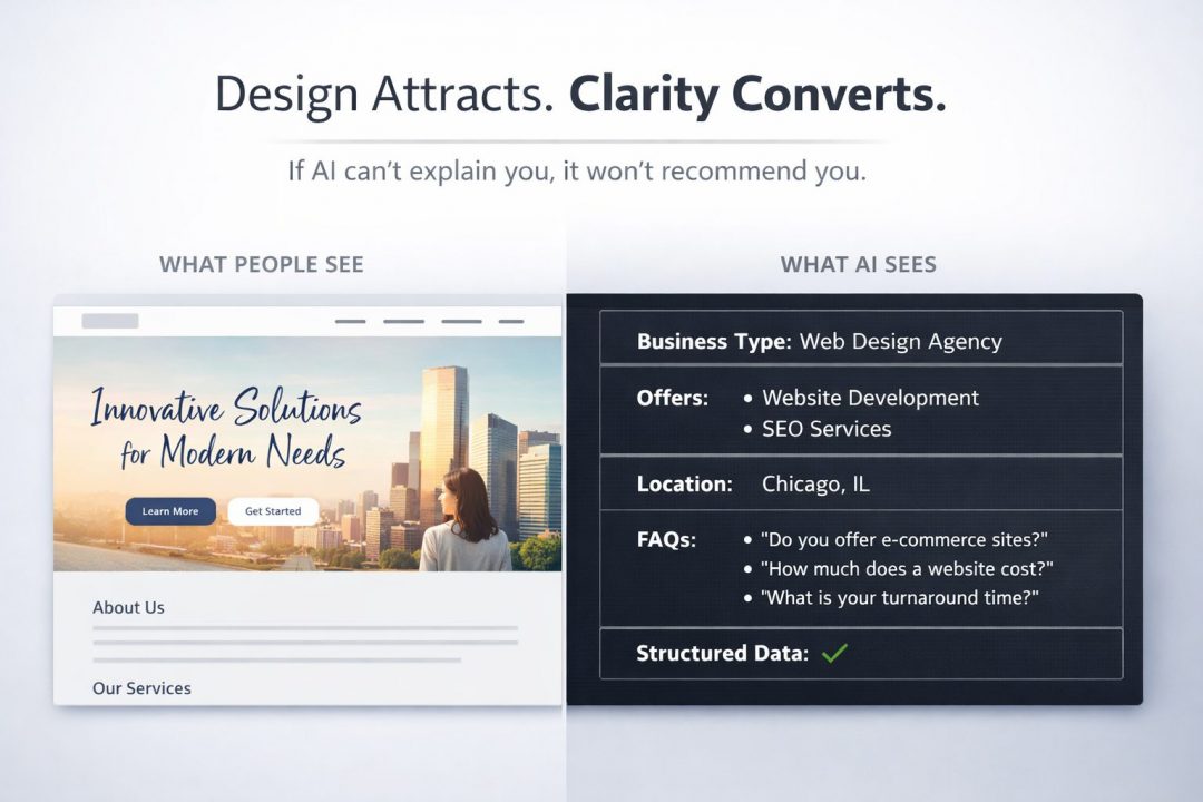 Design-vs-clarity-ai-business-recommendation Split image showing a stylish website on one side and structured business data on the other illustrating how ai interprets websites to make recommendations keybuzz digital marketing services