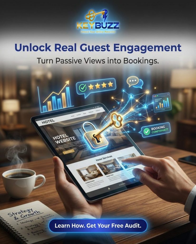 Hotel digital engagement solution illustrating how optimized website messaging, reviews, and CTAs turn passive views into direct bookings for hotels.