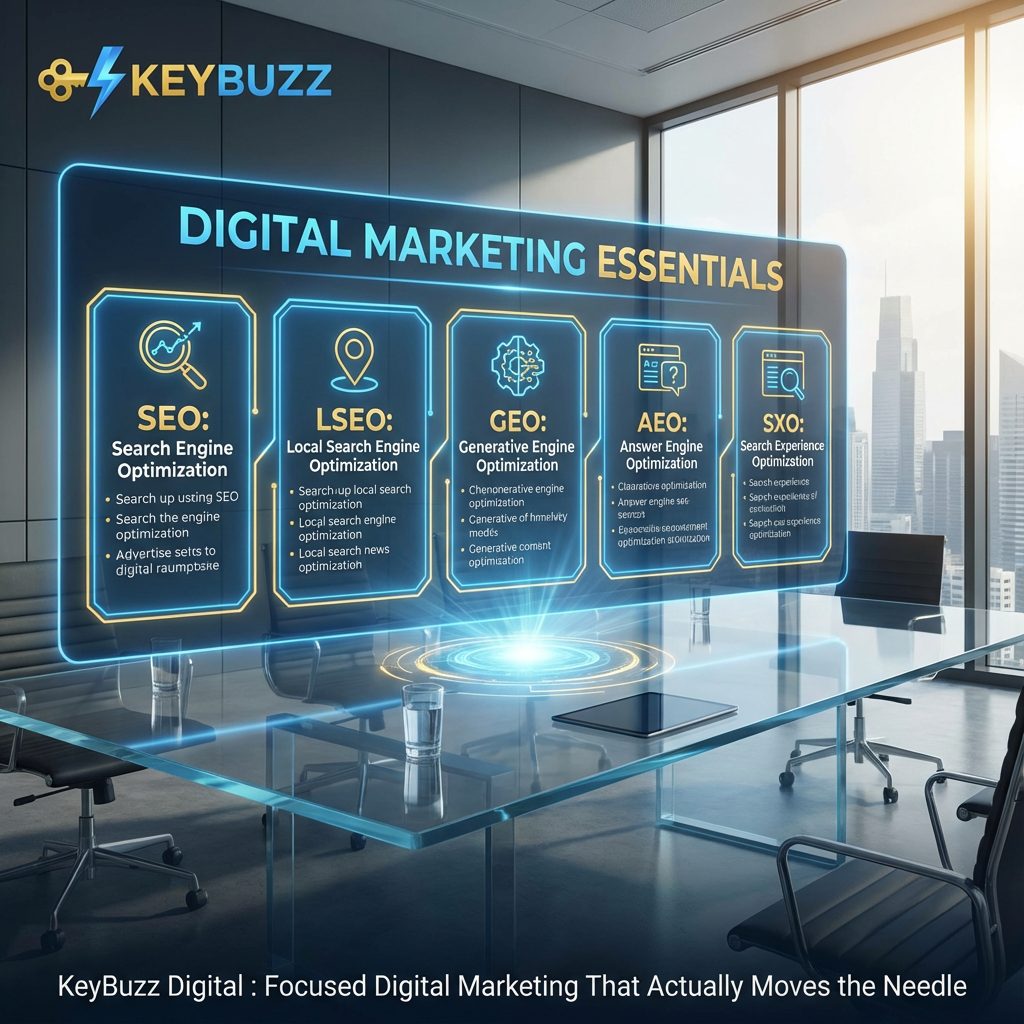 KeyBuzz Digital marketing framework showing SEO, local SEO, generative engine optimization, answer engine optimization, and search experience optimization.