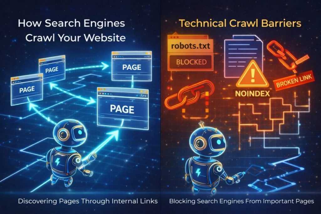 Diagram showing website crawling and technical SEO barriers affecting search engine access.