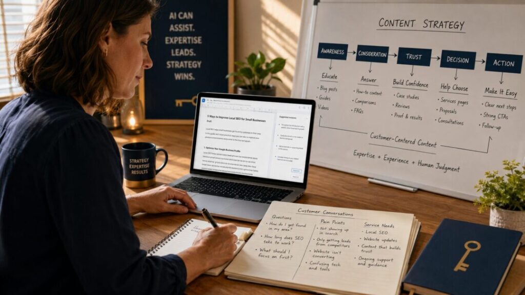 Ai-assisted-content-strategy-human-editing Digital marketing consultant using ai assisted content tools while applying human editing customer insight and seo strategy keybuzz digital marketing services