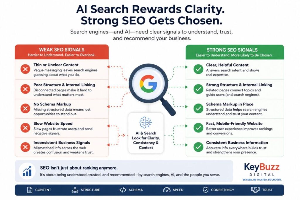 Ai-search-rewards-strong-seo-signals. Infographic comparing weak versus strong seo signals red left column with content structure schema speed and trust issues green right column with clear content structure schema mobile speed and consistency centered by a magnifying glass icon indicating ai search clarity keybuzz digital marketing services