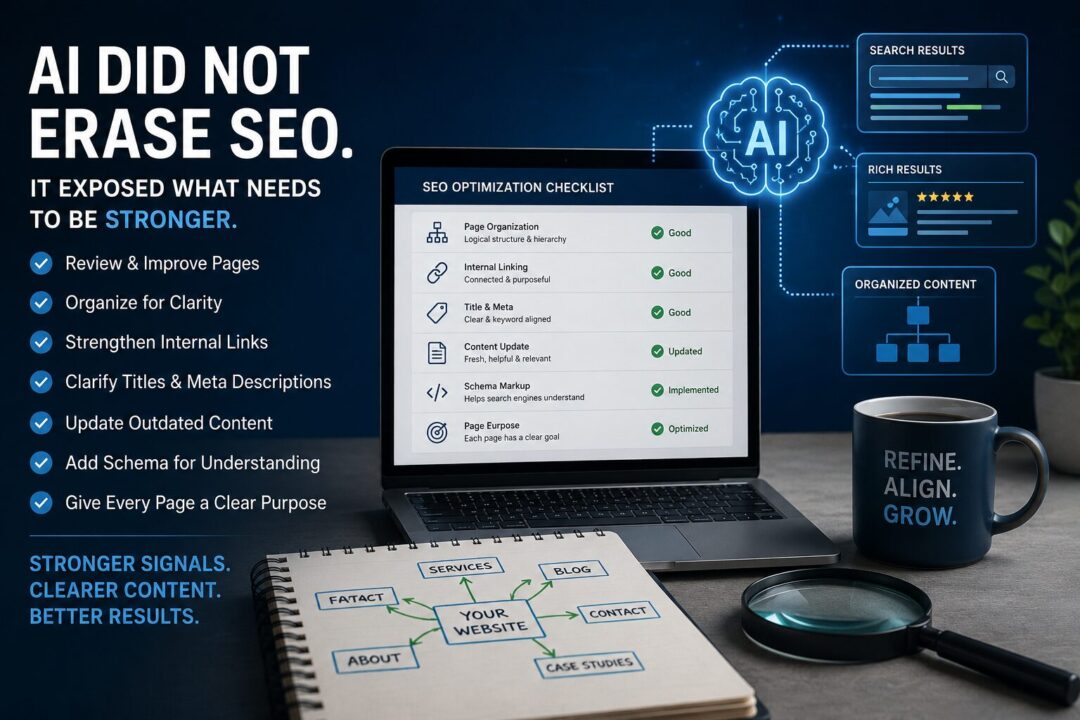 Ai search seo checklist showing stronger website structure internal links schema markup and content optimization   keybuzz digital marketing services