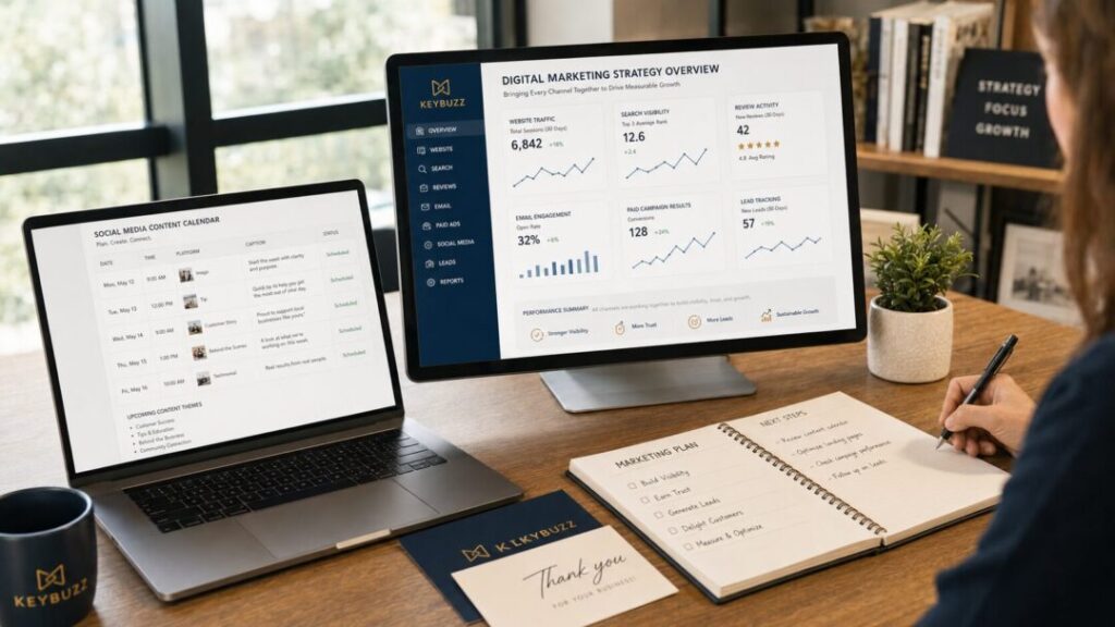 Beyond-social-media-calendar-digital-strategy Social media content calendar compared with a broader digital marketing strategy dashboard showing seo reviews email ads analytics and leads keybuzz digital marketing services