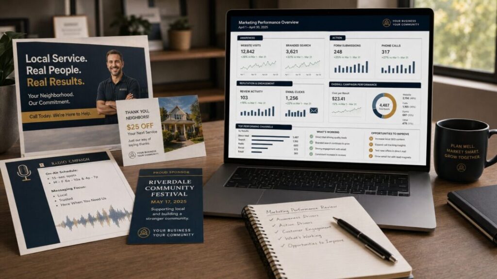 Marketing performance review showing traditional media awareness connected to digital analytics website visits calls reviews and form submissions   keybuzz digital marketing services