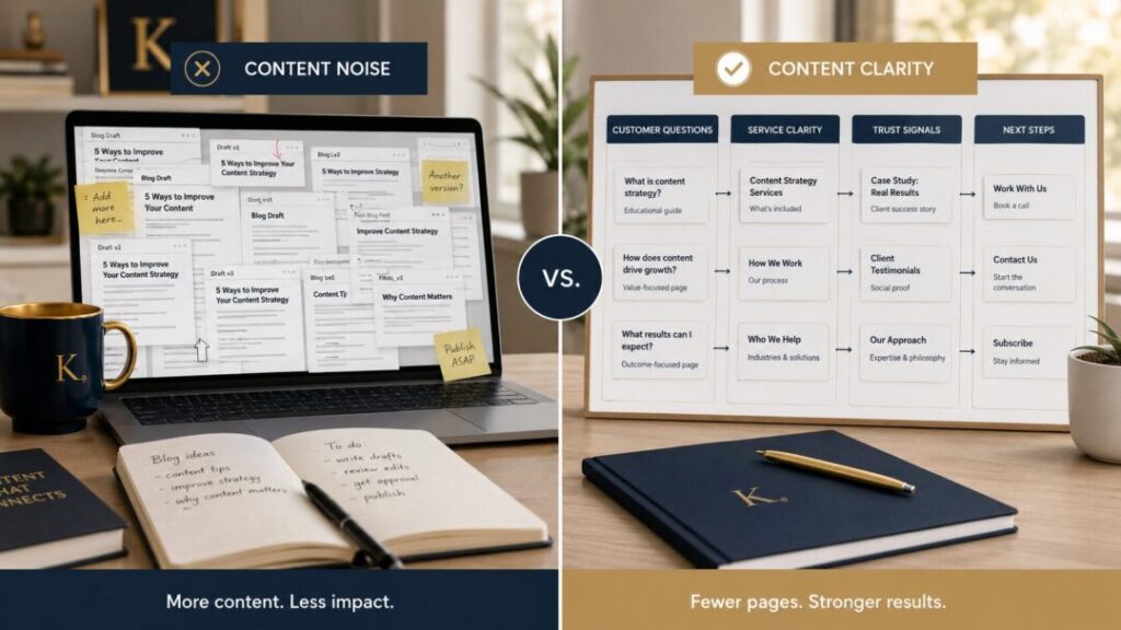 Content-noise-vs-content-clarity-seo Digital marketing workspace comparing content noise from rushed publishing with a clearer seo content strategy focused on customer questions and trust keybuzz digital marketing services