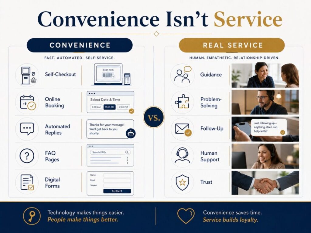 Infographic comparing convenience tools like online booking and automation with real customer service actions such as guidance follow up and problem solving   keybuzz digital marketing services