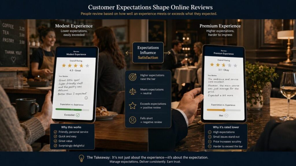 Customer-expectations-shape-online-reviews Two customers compare modest and premium restaurant experiences on tablets with a central box linking expectations to satisfaction in an infographic layout keybuzz digital marketing services