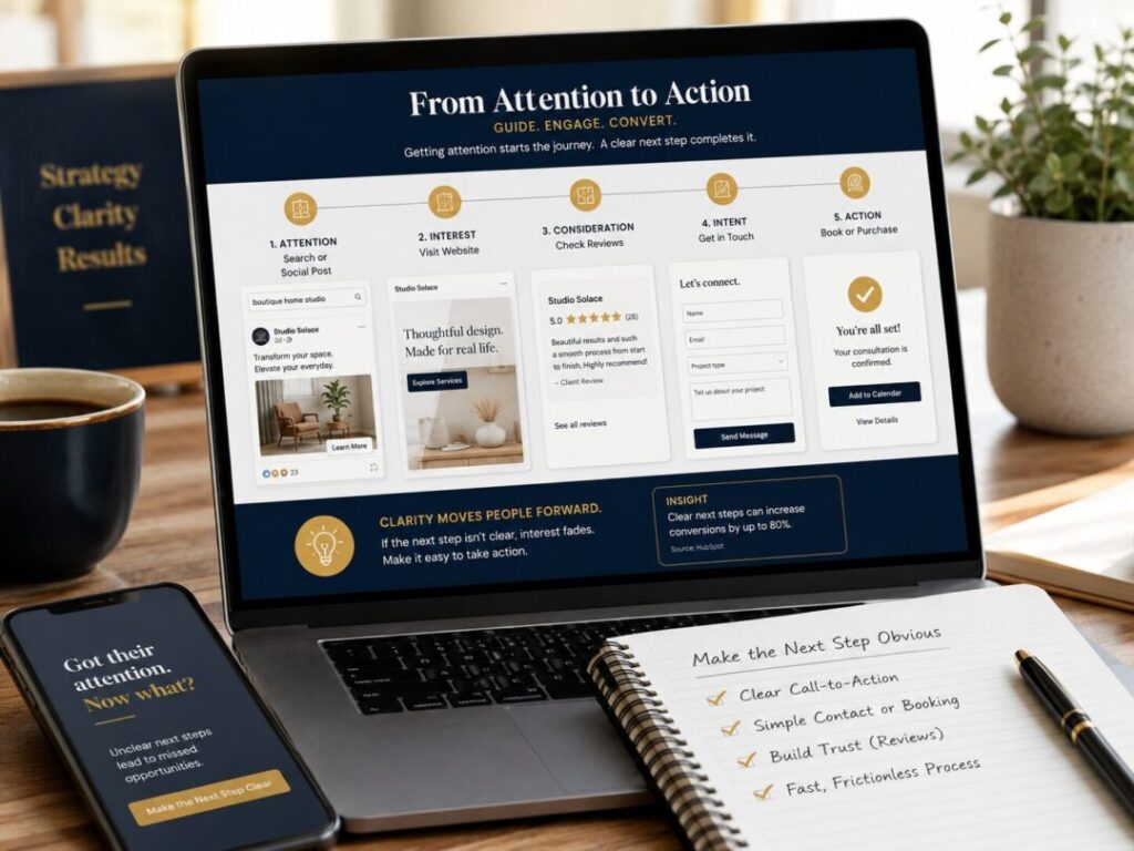 Customer-path-attention-to-action-small-business Customer journey path showing how search social media reviews website pages calls to action forms and bookings connect online keybuzz digital marketing services