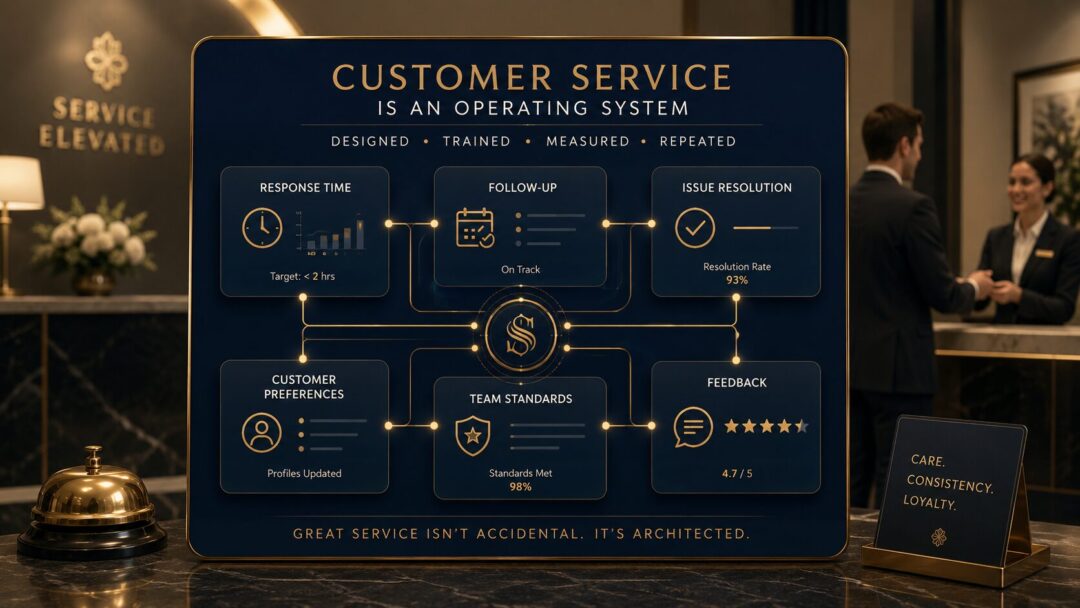 Customer service operating system graphic showing response time follow up issue resolution customer preferences team standards and feedback as connected service elements   keybuzz digital marketing services