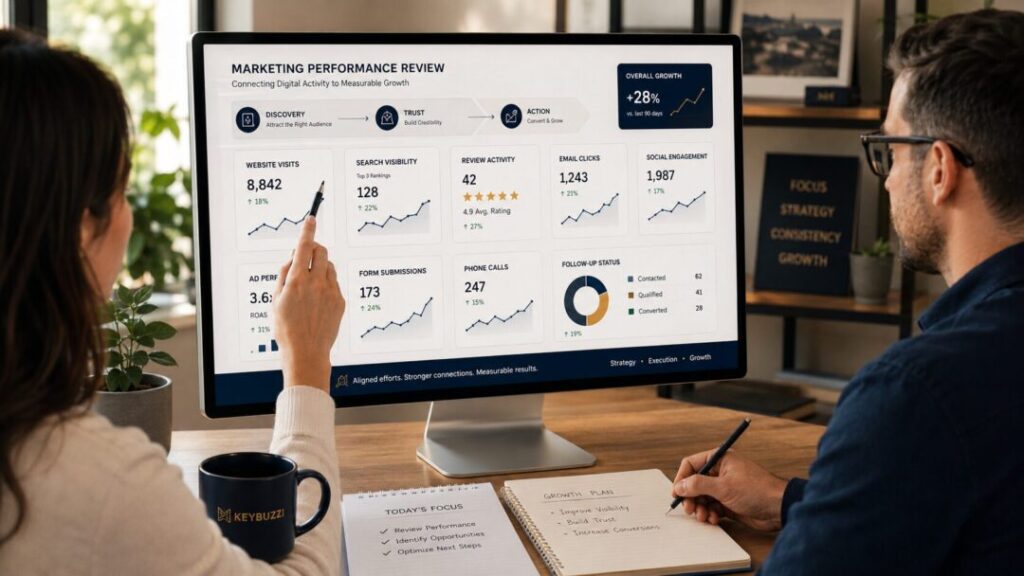 Digital-marketing-activity-measurable-momentum Marketing performance dashboard showing how website traffic search visibility reviews email social media ads calls and form submissions connect to measurable business growth keybuzz digital marketing services