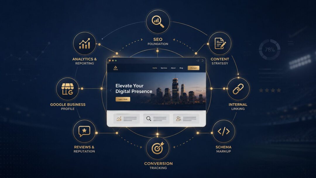 Digital marketing strategy system showing how seo foundation content strategy google business profile reviews internal linking schema markup conversion tracking and analytics support website growth   keybuzz digital marketing services