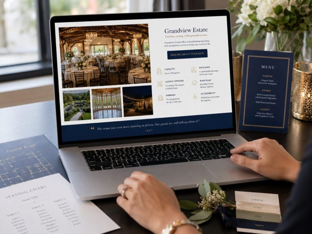 Event venue website gallery showing photos with practical booking details like capacity layout parking packages rain plan and inquiry button   keybuzz digital marketing services