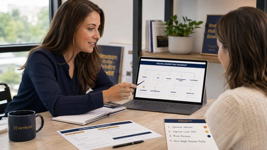 Fractional-digital-marketing-support-strategy Fractional digital marketing consultant helping a small business owner organize website seo reviews social media email ads analytics and follow up into a connected strategy keybuzz digital marketing services