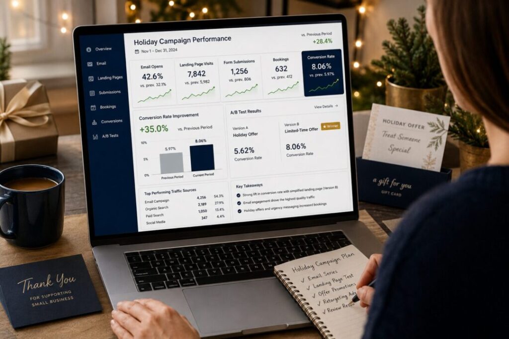 Holiday campaign analytics dashboard showing conversions form submissions bookings and performance results from ab testing   keybuzz digital marketing services