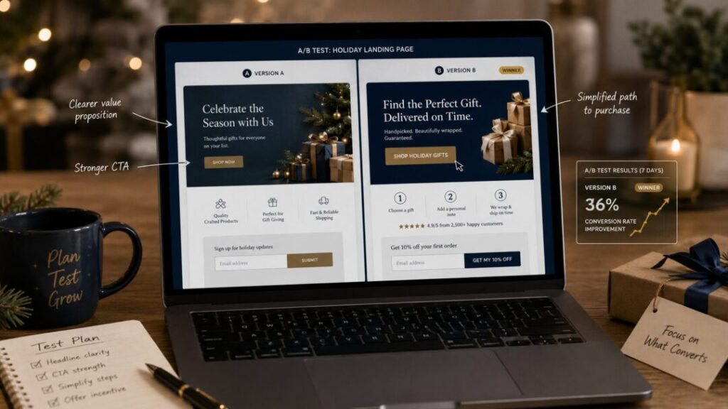 Laptop screen shows two holiday landing page variants side by side for an ab test version a left version b right   keybuzz digital marketing services