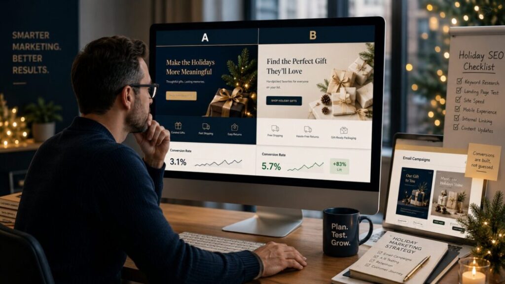 Two holiday landing page versions shown side by side to compare headlines offers and calls to action for better conversions   keybuzz digital marketing services