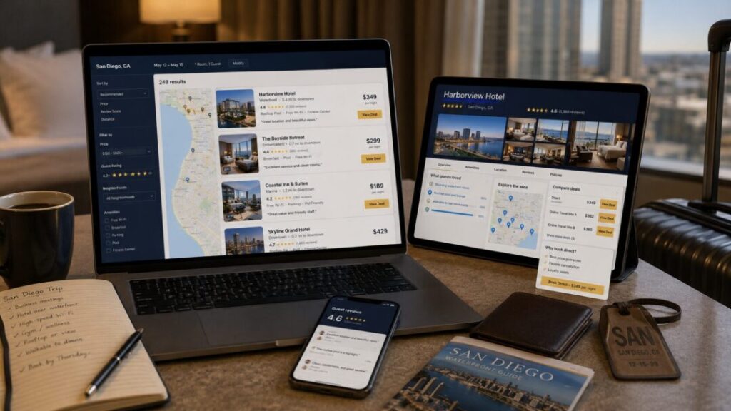 Hotel-guest-search-journey-digital-competition Raveler comparing hotels across search results map listings reviews otas and direct booking options during the hotel search journey keybuzz digital marketing services
