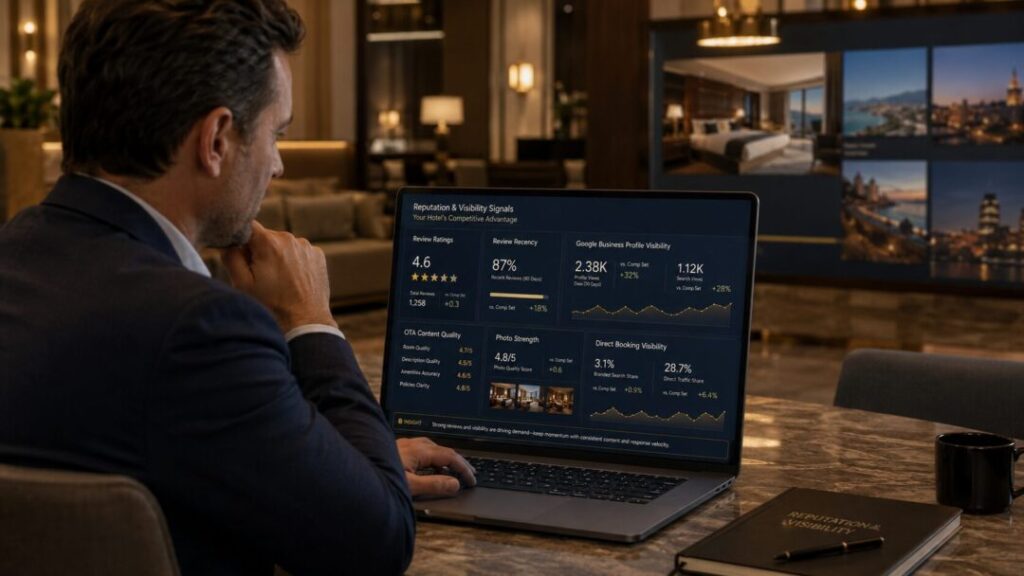 Hotel-reputation-visibility-competitive-review Hotel marketing leader reviewing traditional comp set and digital keybuzz digital marketing services